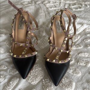 Valentino Black and Tan Studded Heels with Ankle Straps
